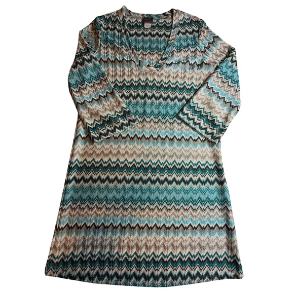 Elif for Jordan Taylor Dresses & Skirts - Elif Jordan Taylor Teal Chevron Zigzag Knit V-Neck 3/4 Sleeve Tunic Dress M